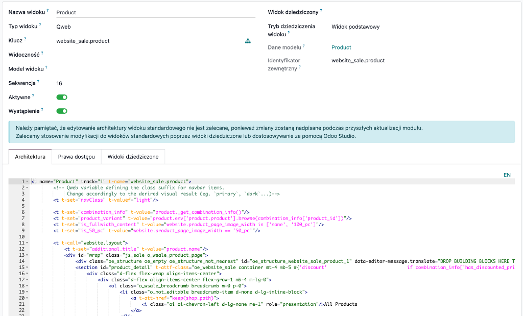 Odoo eCommerce product page - template layout change.
