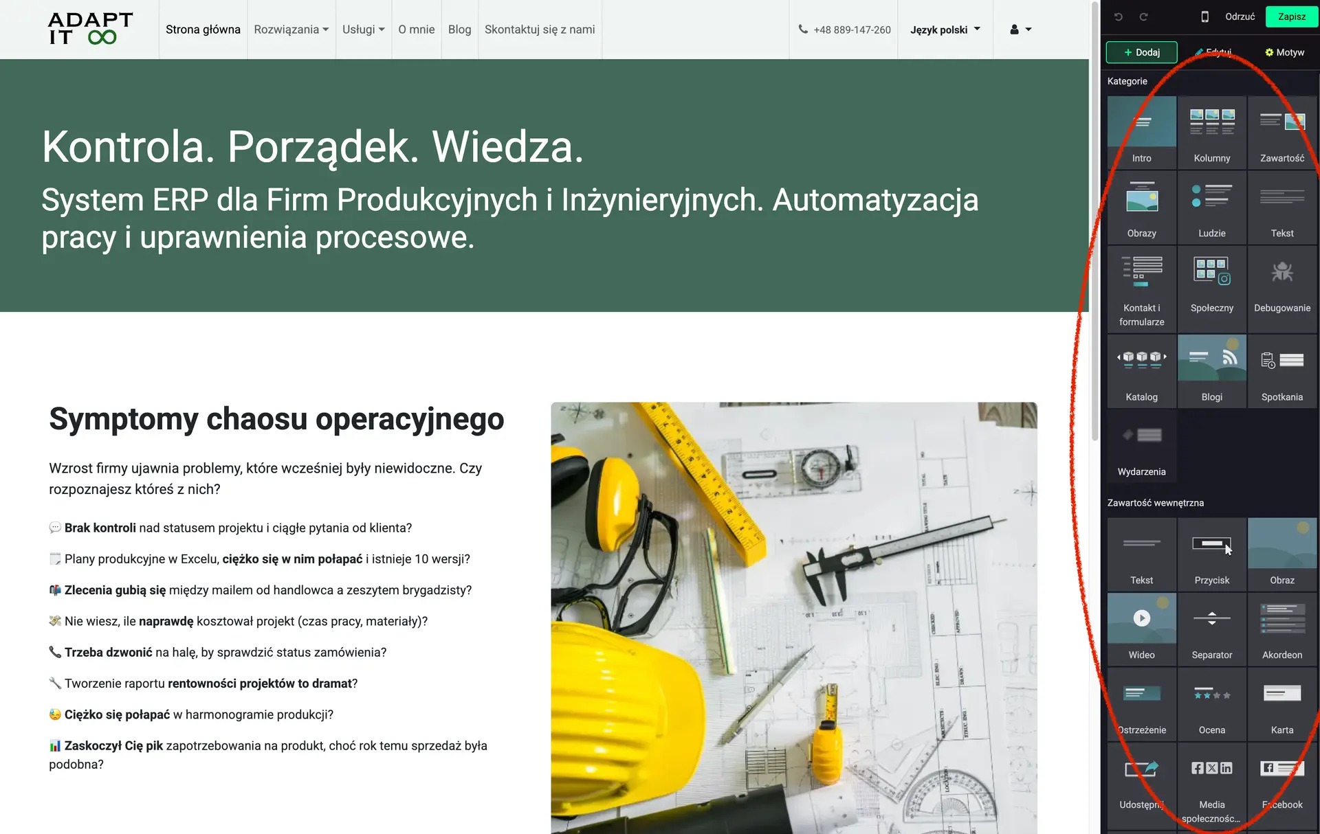 Odoo web builder view. A collection of snippets - blocks you can use to build a website.