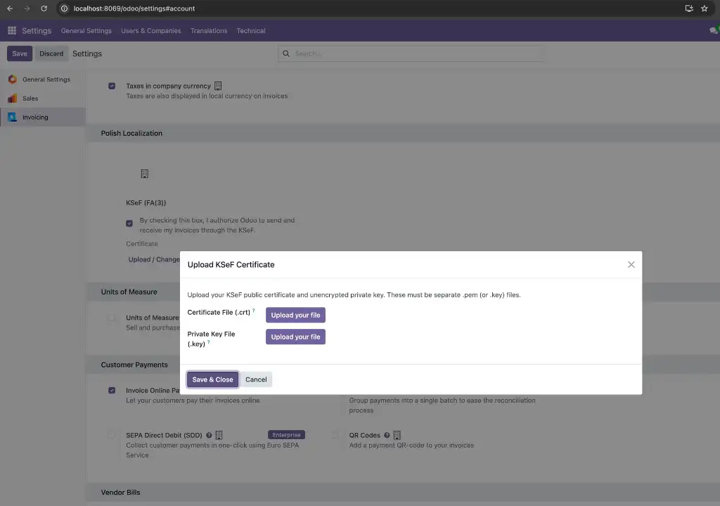 KSeF certificate configuration view in Odoo (test branch – not yet available in the main release)