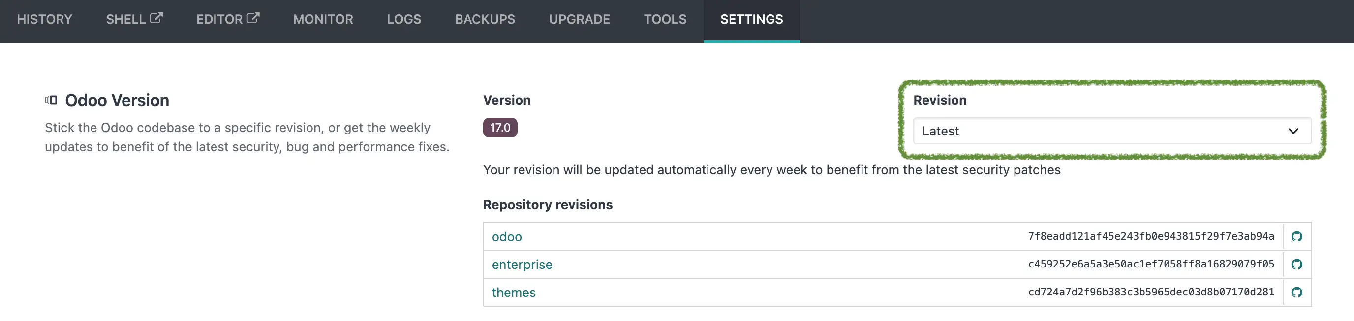 The Revision setting in the Odoo.sh panel - version 17.0 set to "Latest"