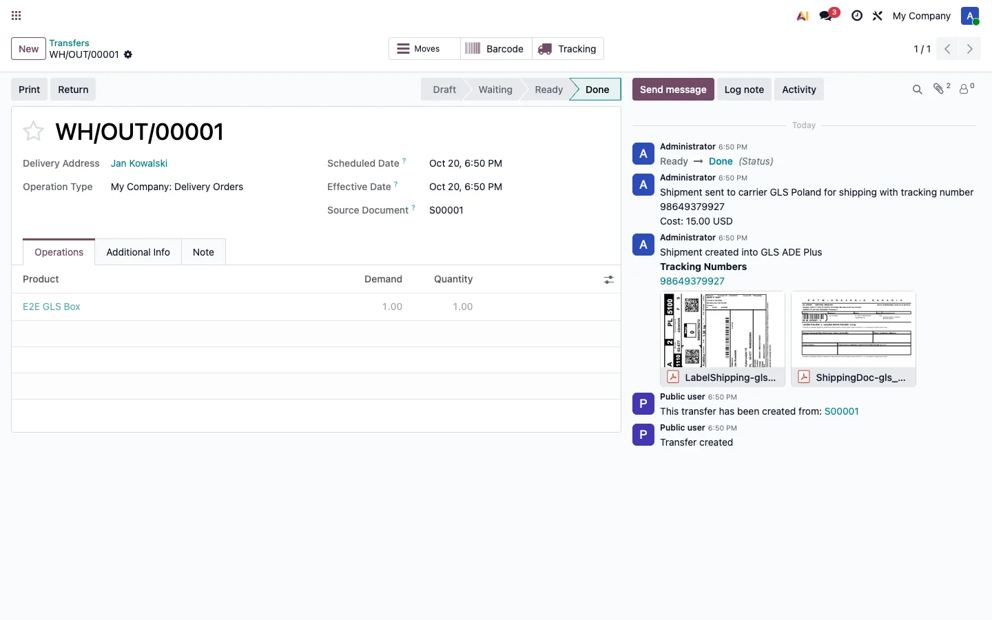 An Odoo delivery with the GLS label, tracking number and pickup confirmation