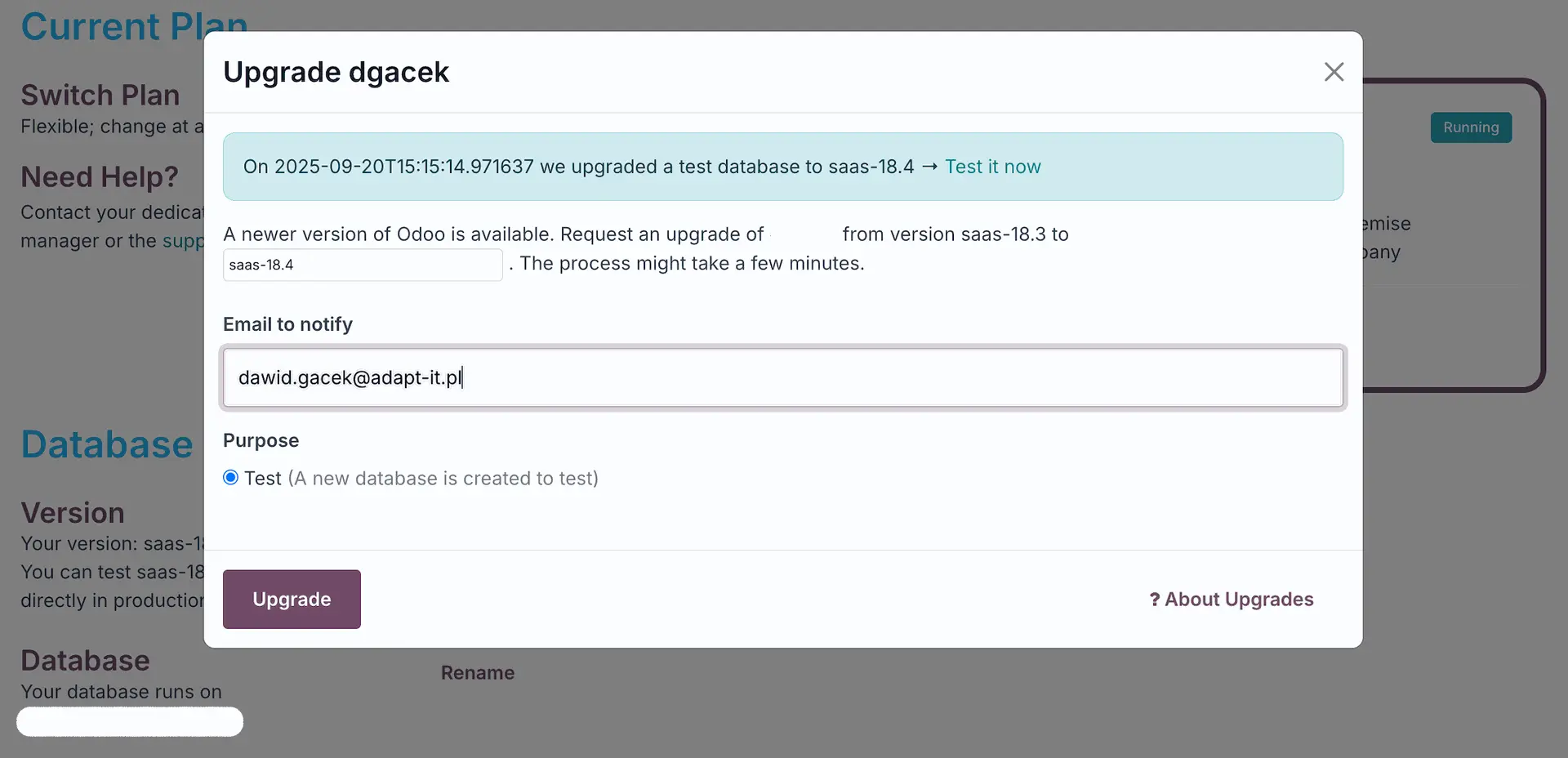 Migration screen view with the option to create a test database