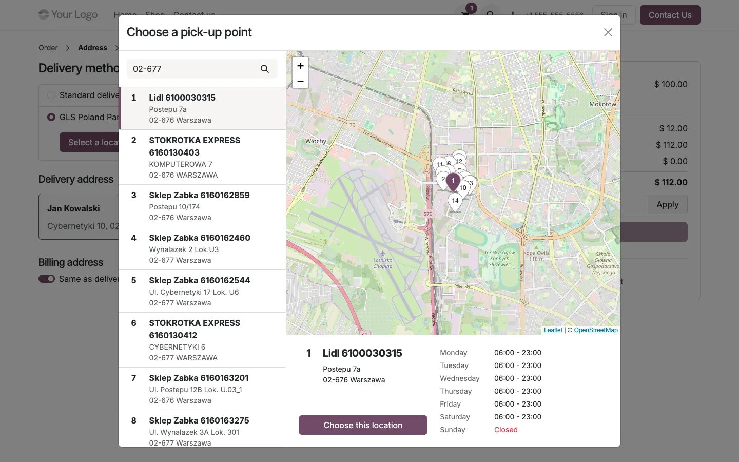 Wybór punktu GLS ParcelShop na mapie w koszyku sklepu Odoo