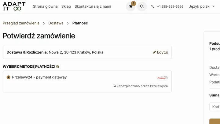 Demo modułu płatności Przelewy24 w Odoo: wybór metody płatności i przejście do bramki Przelewy24
