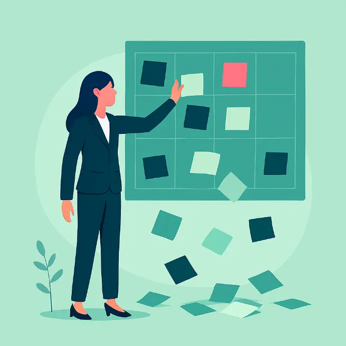 Business woman is overwhelmed by too many sticky notes on board