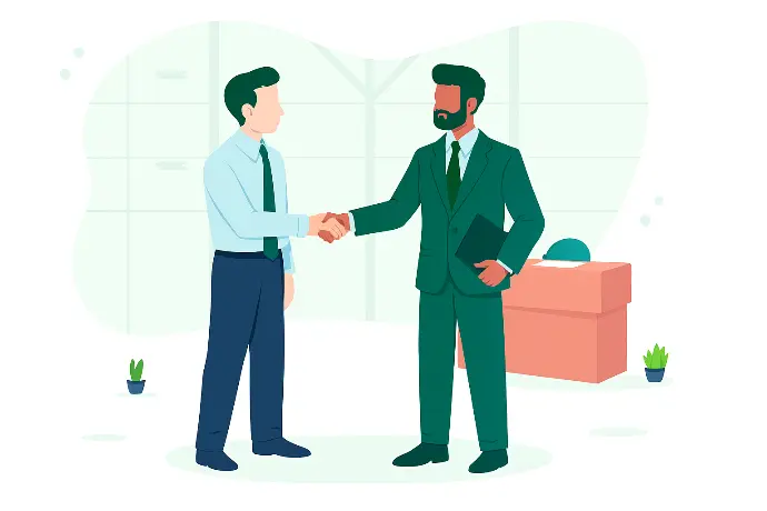 Two business man shaking hand, desk in background