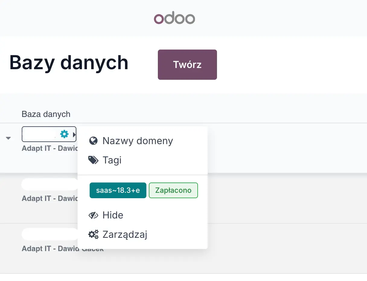 Widok wersji bazy danych w panelu Odoo