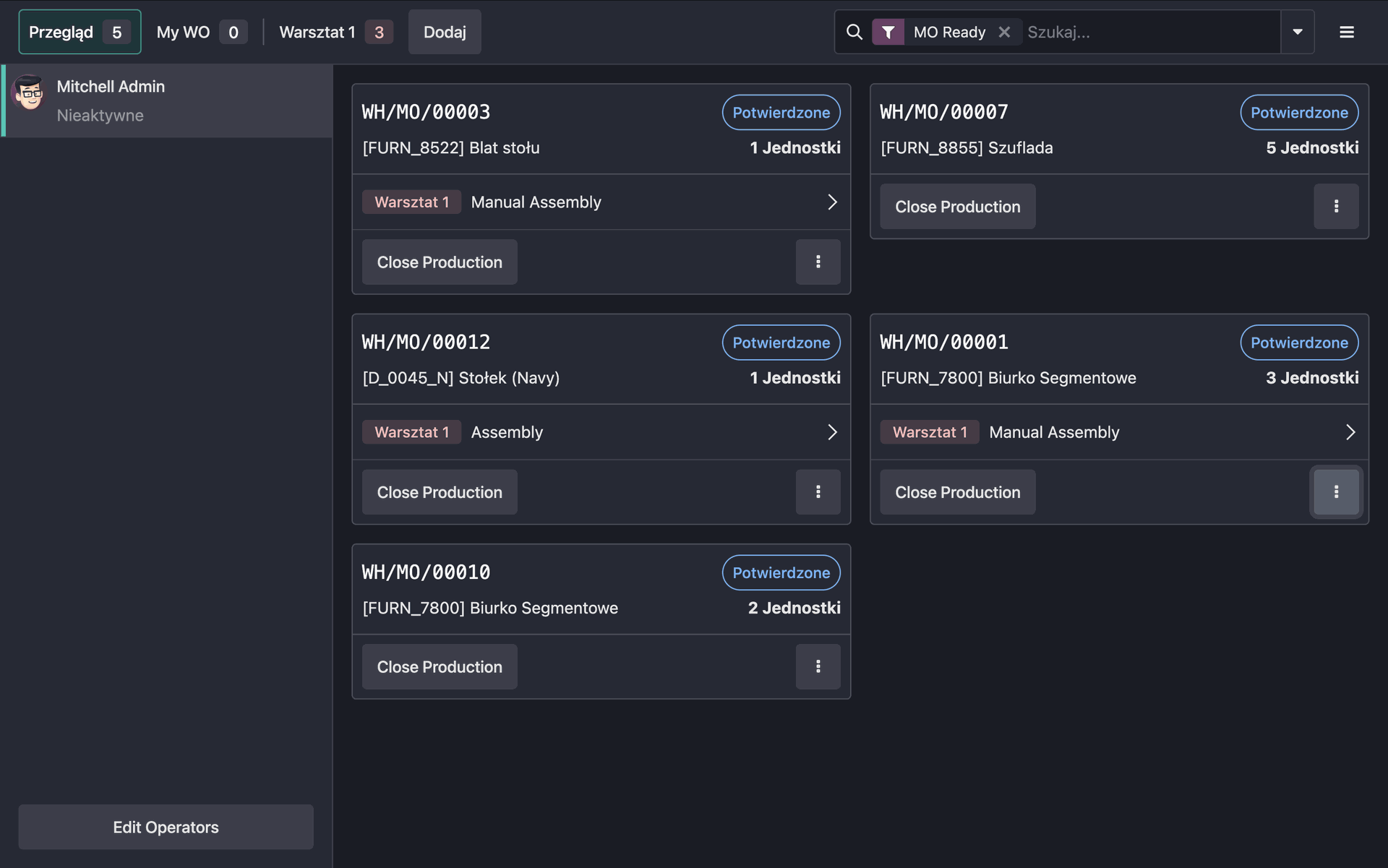 Pulpit sterowniczy stanowiska operatora produkcyjnego w Odoo