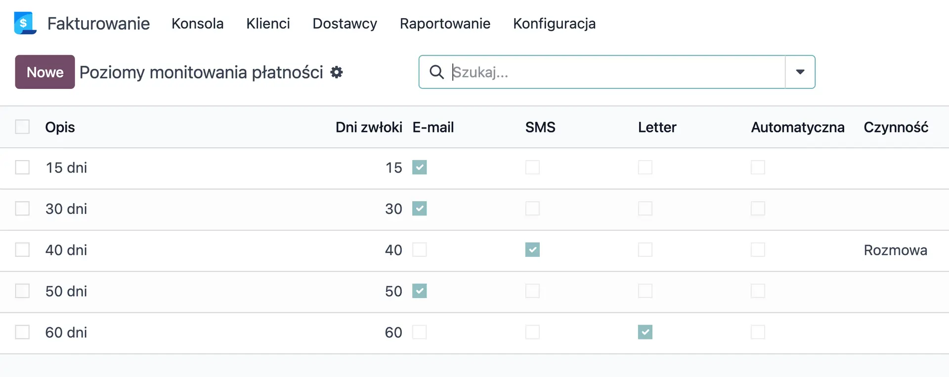 Lista monitów płatności w Odoo.
