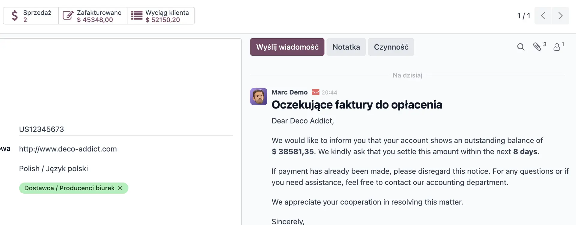 Widoczna wysłana wiadomość do kontaktu, który zalegał z płatnością (w tym przypadku nieudana - niepoprawny adres email).