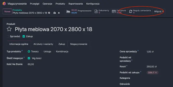 Widok formularza produktu z zaznaczonym na czerwono odnośnikiem do konfiguracji reguł zamawiania