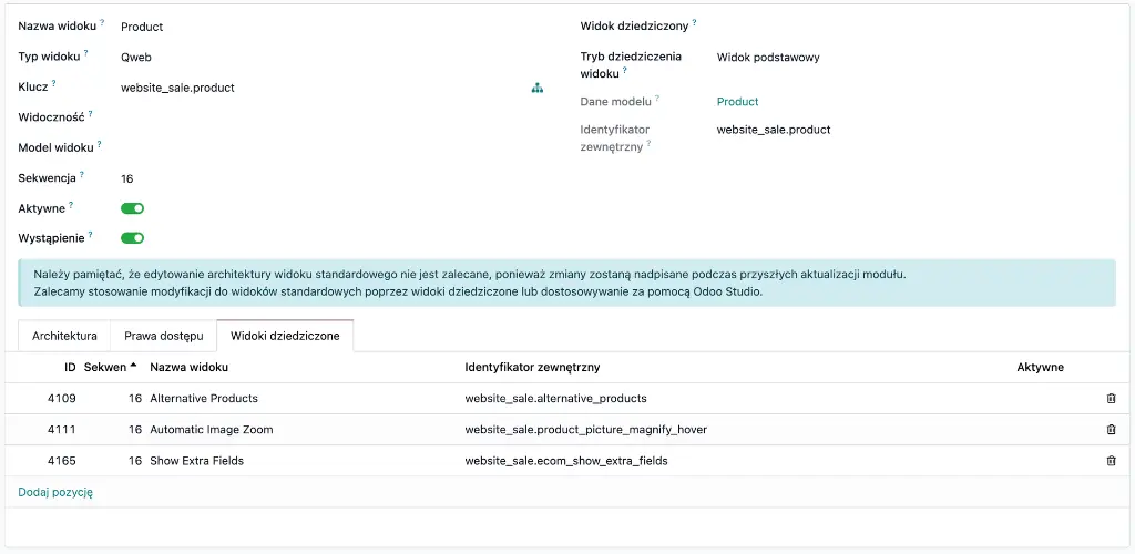Widok karty widoku QWeb dla produktu z widokami dziedziczącymi.