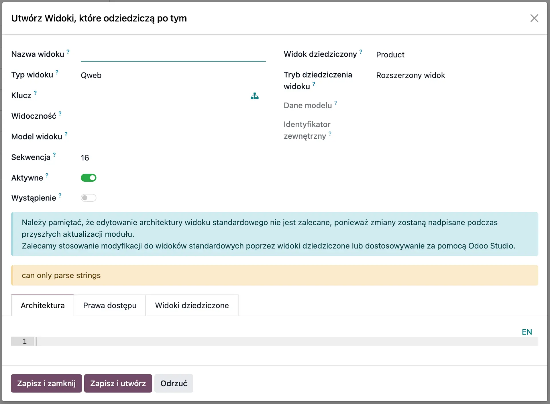 Kreator dla widoku dziedziczącego - szablon Qweb Odoo.