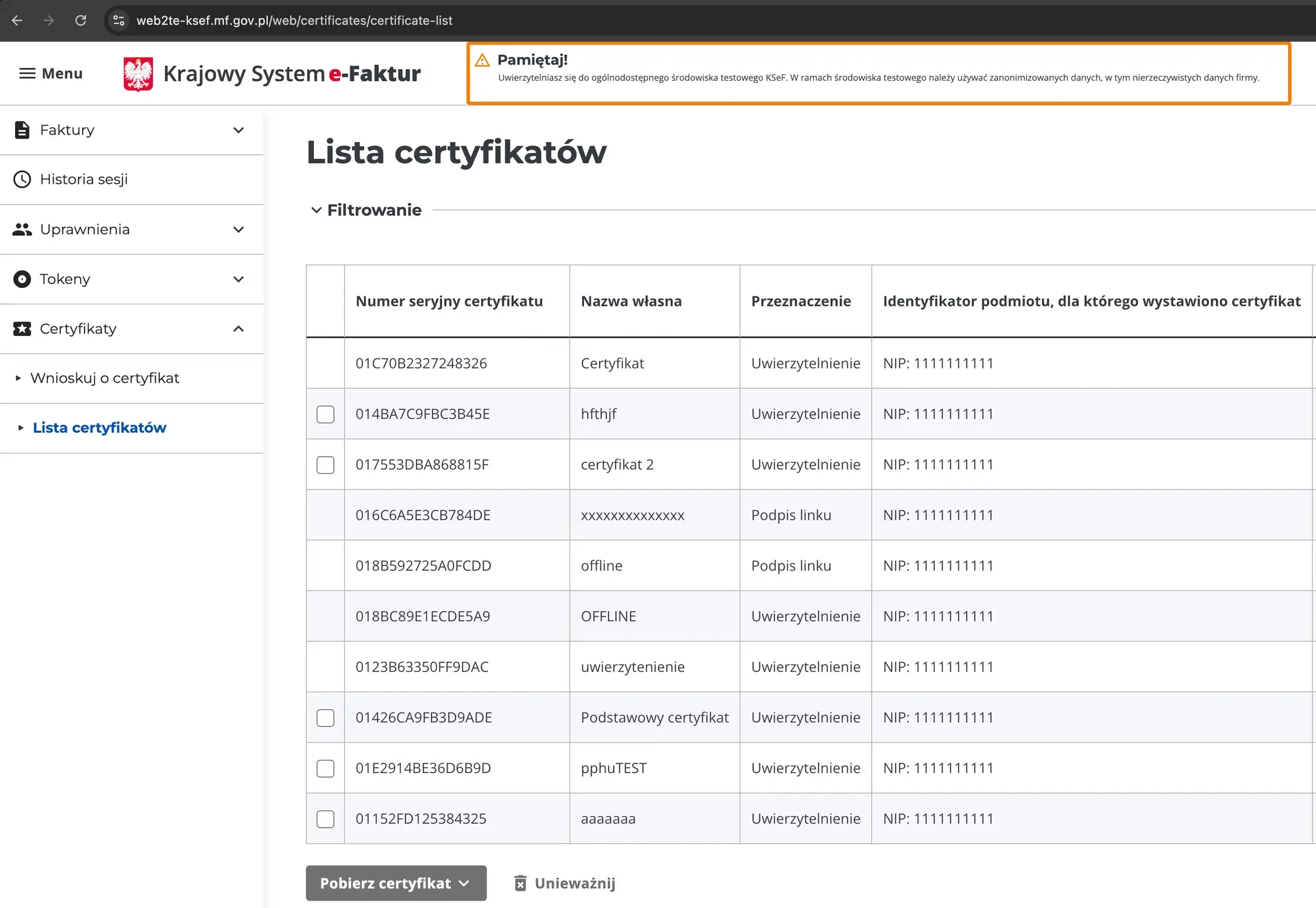 Widok listy certyfikatów w systemie KSeF. (Środowisko testowe).