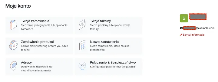 Widok głównego okna panelu klienta. Zlecenia produkcyjne widoczne są po wejściu w “Zamówienia produkcji”