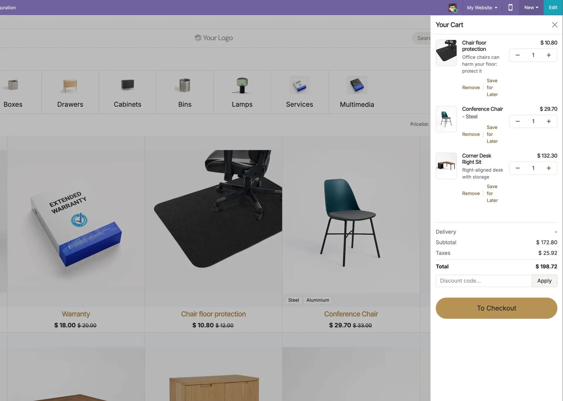 View of lateral cart (module by Adapt IT) in Odoo Ecommerce shop