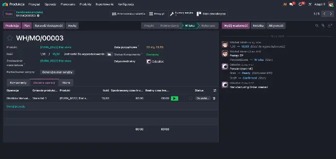Podgląd zlecenia produkcyjnego w systemie zarządzania produkcją (MES) opartym na Odoo - widok zlecenia produkcji blatu stołu oraz operacji manualnej obróbki.