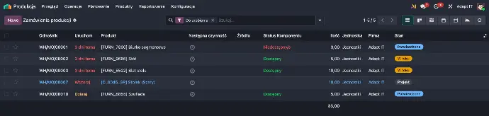 Podgląd zleceń produkcyjnych w systemie zarządzania produkcją (MES) opartym na Odoo - widok listy zleceń z widoczną datą, statusem oraz dostępnością komponentów