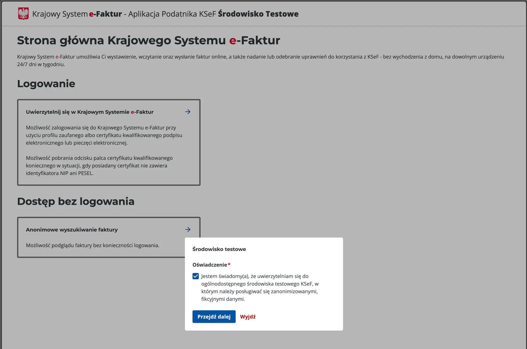 Logging into KSeF in the test environment – login form.
