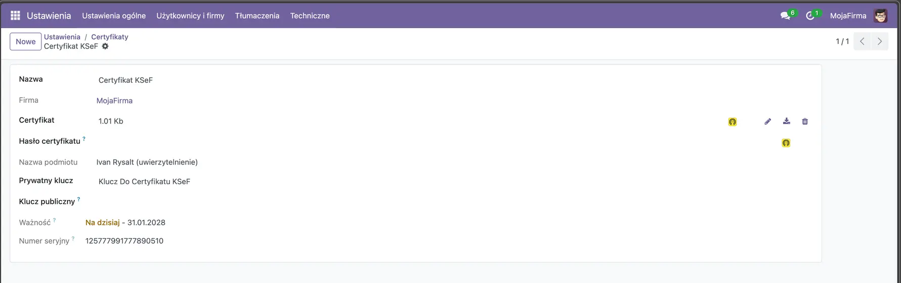 KSeF Certificate configuration view in Odoo.