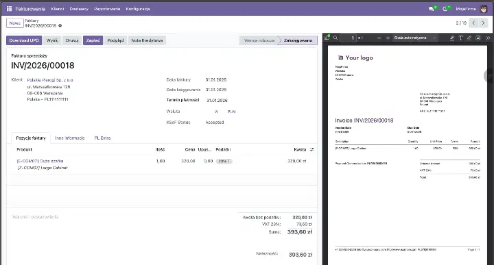 Invoice sending view – delivery confirmation (UPO) from KSeF.