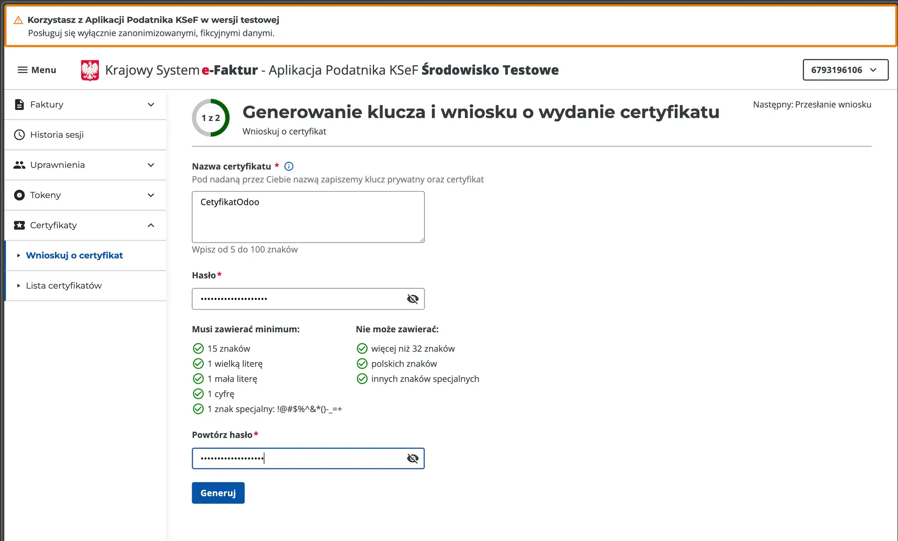 Generating a certificate in KSeF – Settings.