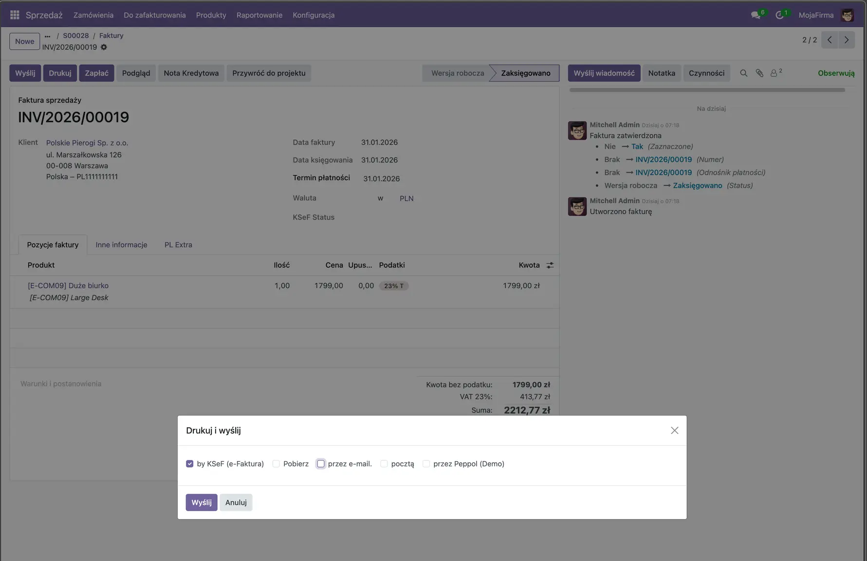 Invoice sending view with the option to send the Odoo invoice via KSeF.