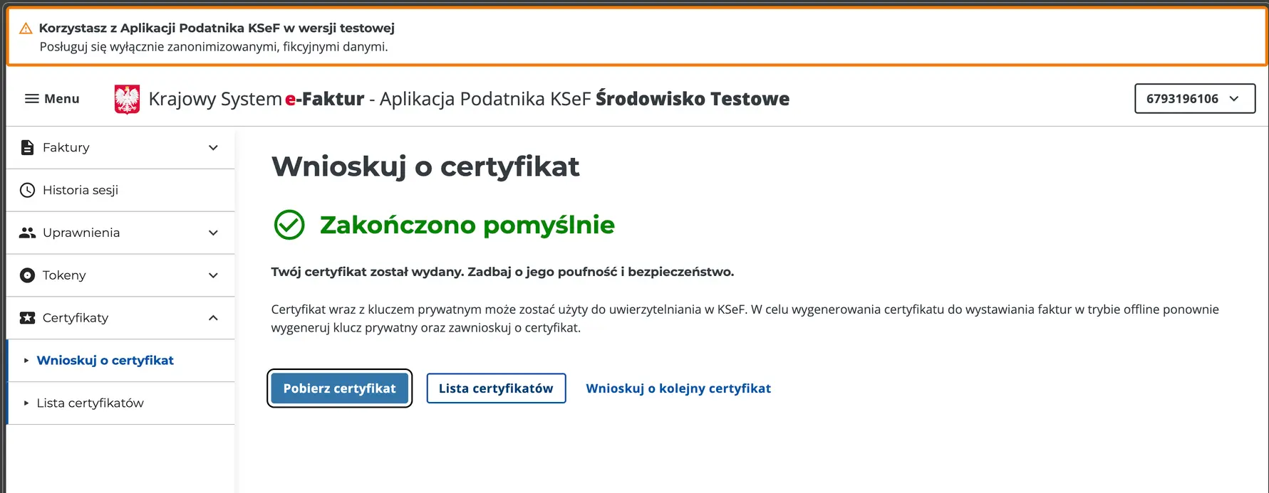 View of successful certificate issuance.