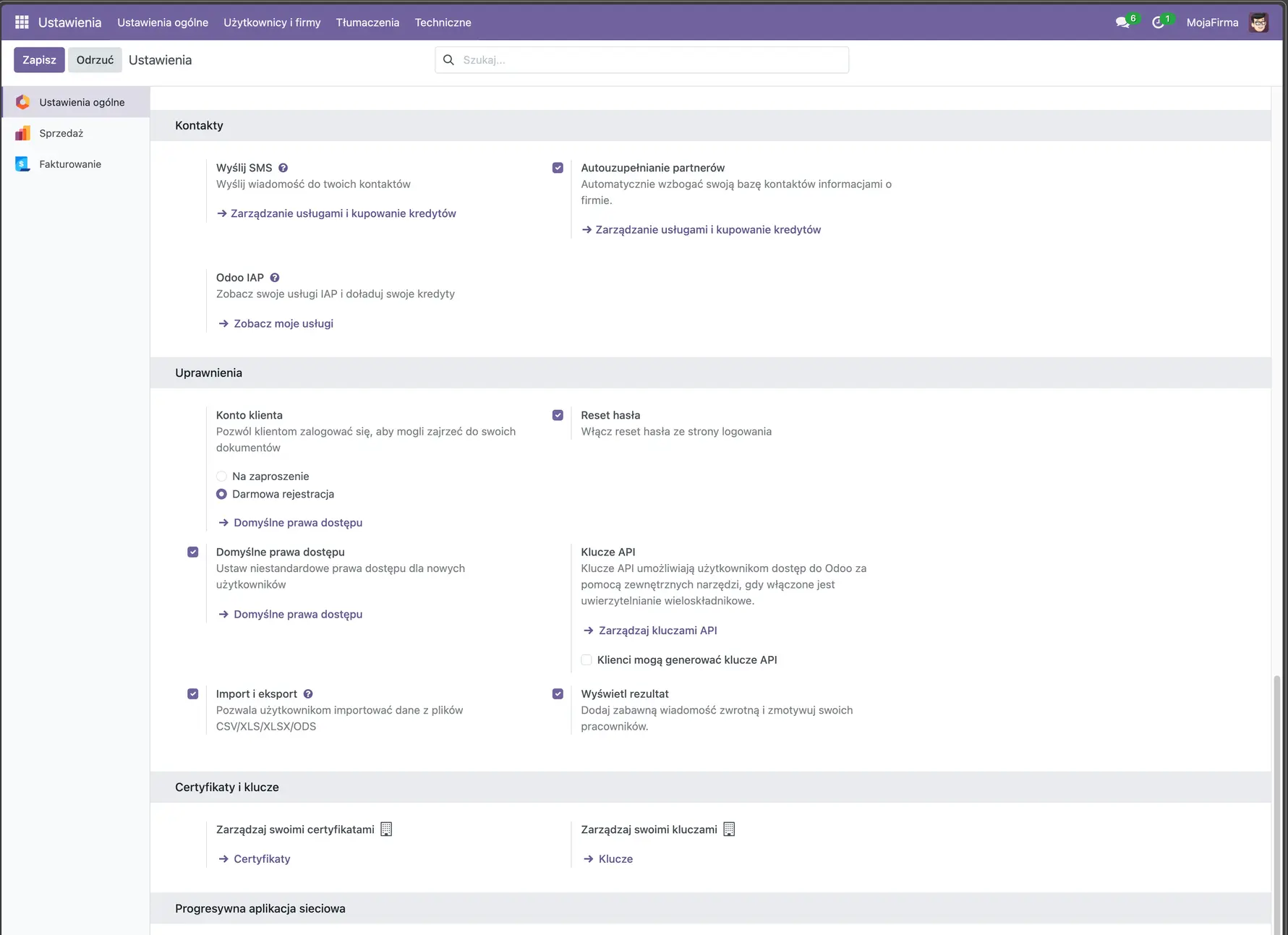 Private key and certificate configuration in Odoo – settings menu view.