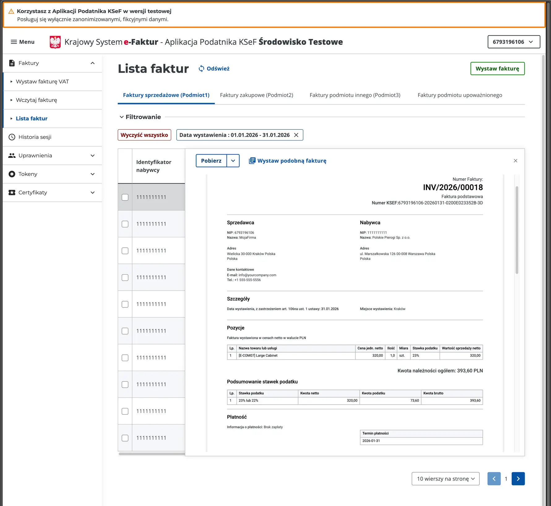 View of the invoice sent from Odoo within the KSeF portal.