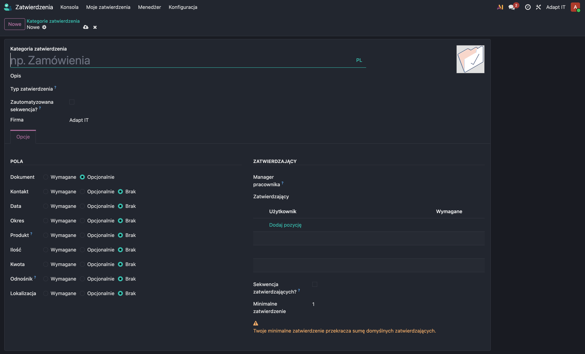 Konfiguracja kategorii zatwierdzenia w Odoo Approvals