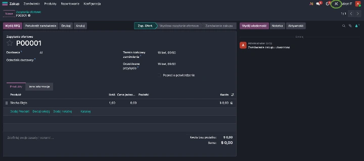 Standardowy widok zamówienia (zapytanie ofertowe) w Odoo 19