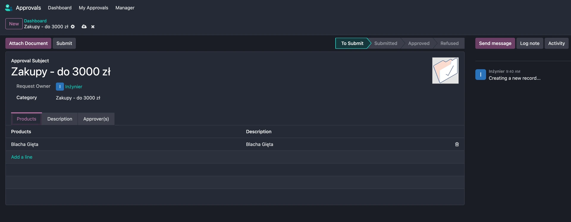 Widok tworzenia Requesta o Approval w Odoo