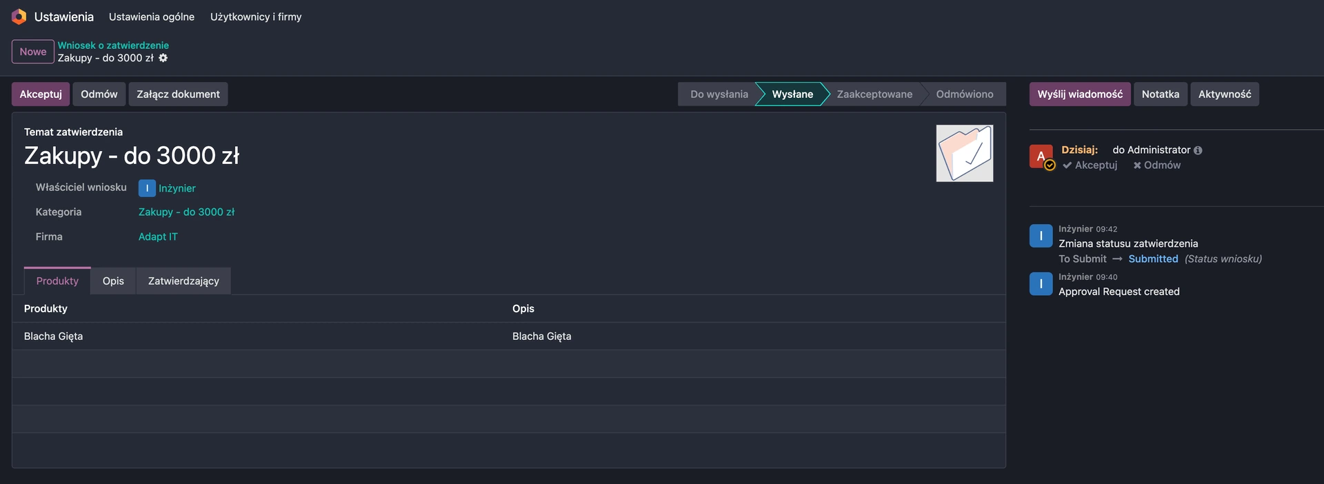Widok wniosku pracownika z konta Approvera