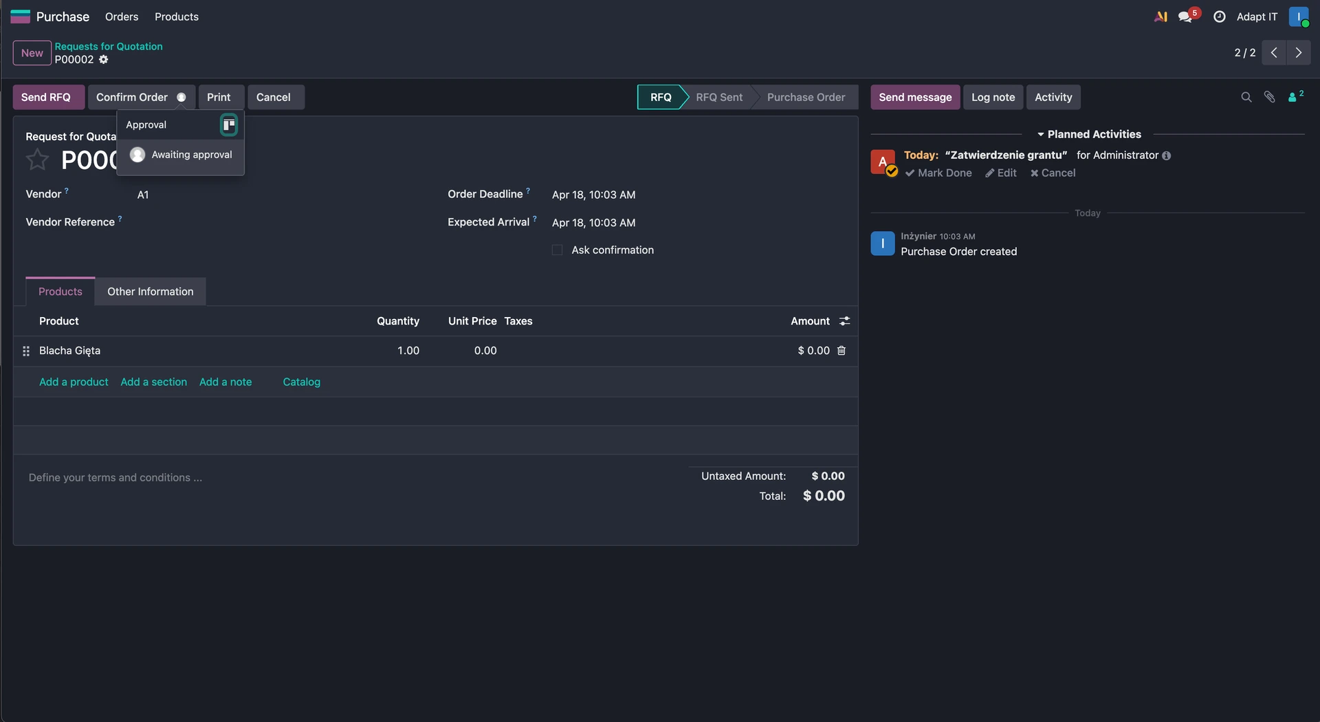 Widok formularza PO po konfiguracji Approvala na akcji przycisku