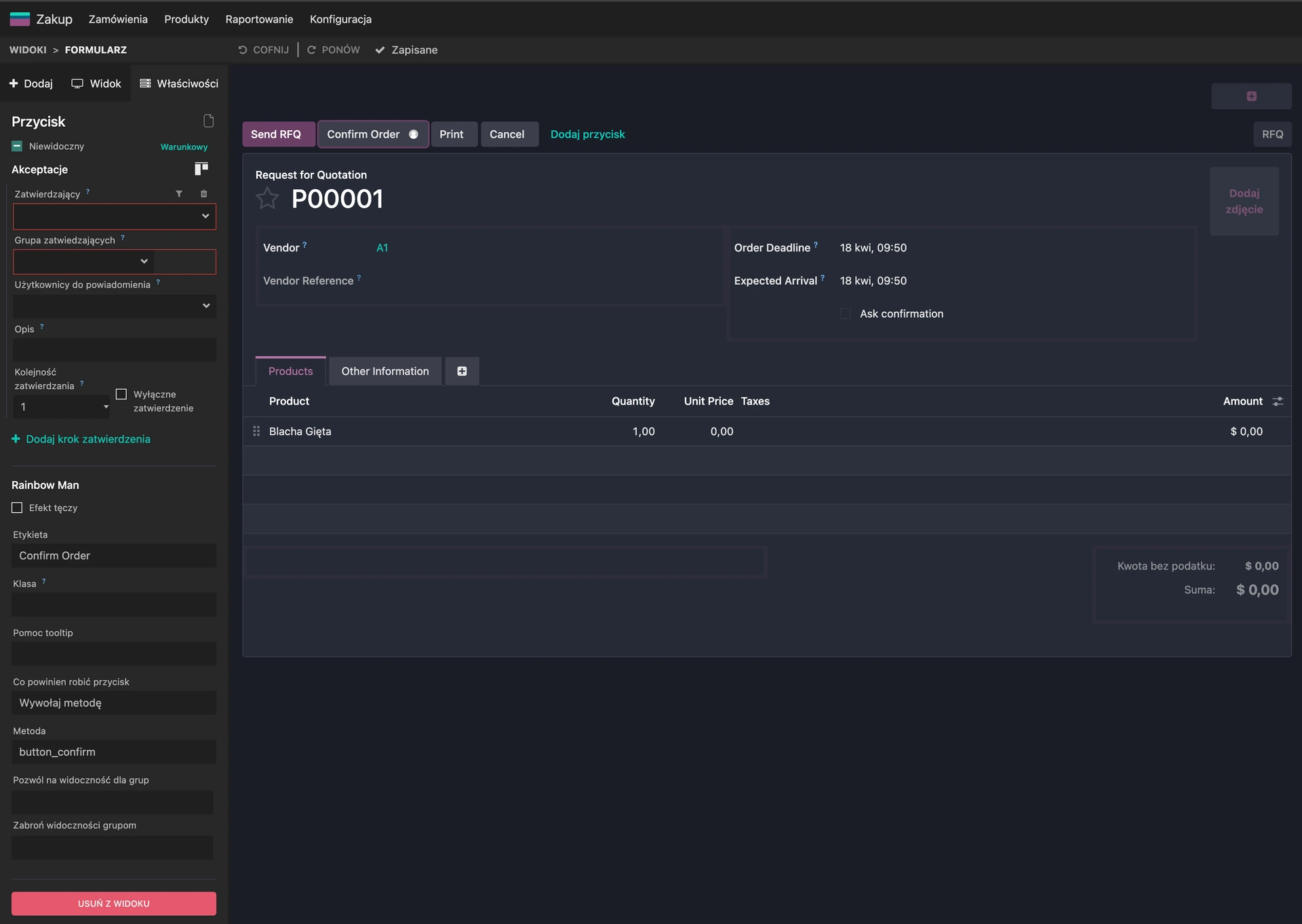 Widok Studio w Odoo - edycja przycisku Zatwierdzenia zamówienia