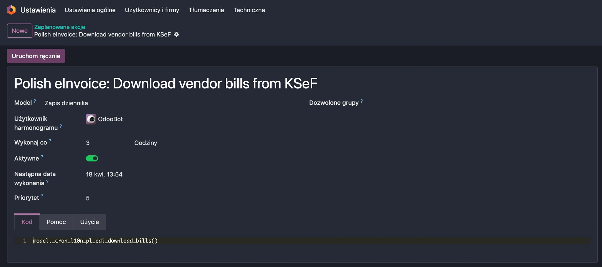 Widok automatyzacji pobierającej faktury z KSeF w Odoo